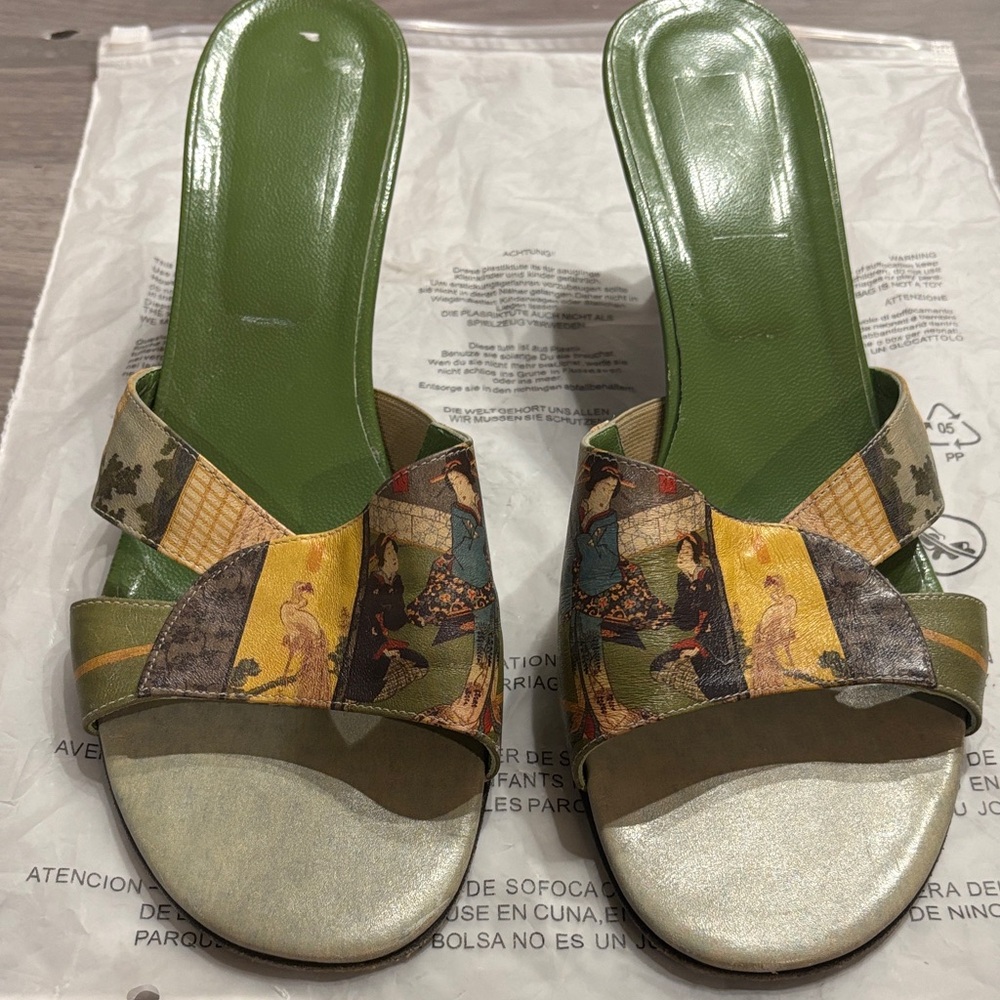 Green and Multicolor Women's Slide Sandals